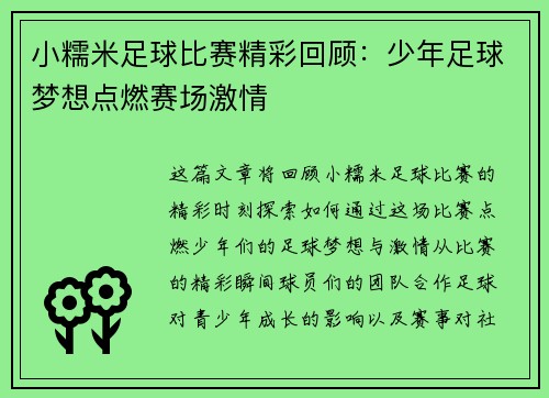 小糯米足球比赛精彩回顾：少年足球梦想点燃赛场激情
