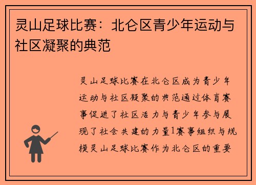 灵山足球比赛：北仑区青少年运动与社区凝聚的典范