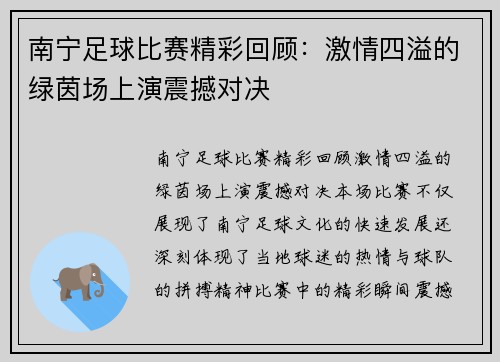 南宁足球比赛精彩回顾：激情四溢的绿茵场上演震撼对决