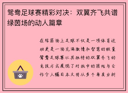 鸳鸯足球赛精彩对决：双翼齐飞共谱绿茵场的动人篇章