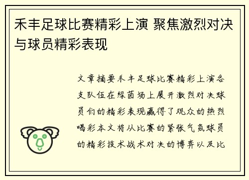 禾丰足球比赛精彩上演 聚焦激烈对决与球员精彩表现