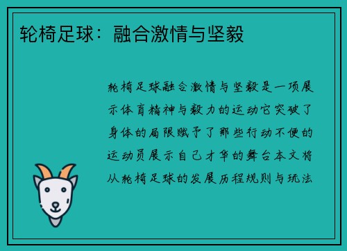 轮椅足球：融合激情与坚毅