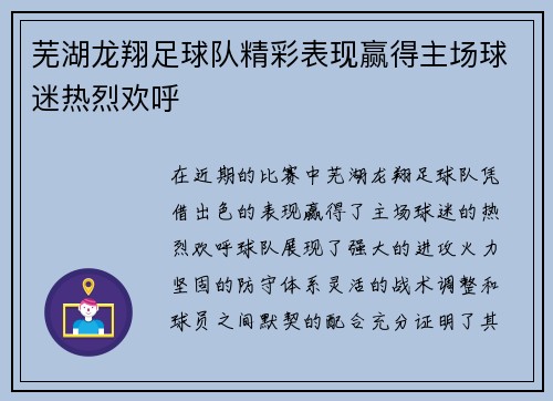 芜湖龙翔足球队精彩表现赢得主场球迷热烈欢呼