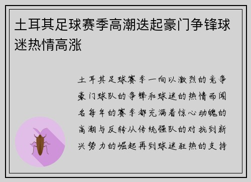 土耳其足球赛季高潮迭起豪门争锋球迷热情高涨