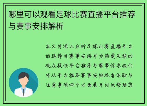 哪里可以观看足球比赛直播平台推荐与赛事安排解析