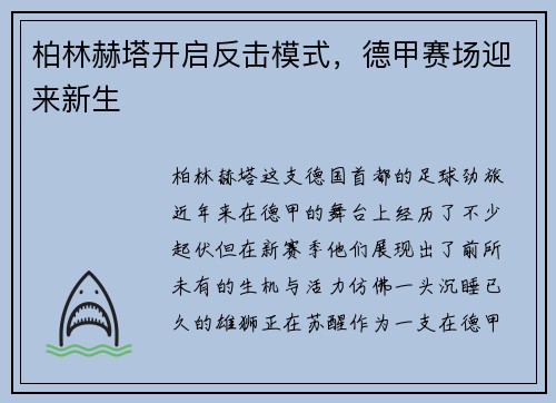 柏林赫塔开启反击模式，德甲赛场迎来新生