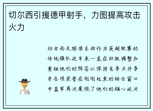 切尔西引援德甲射手，力图提高攻击火力
