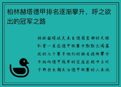柏林赫塔德甲排名逐渐攀升，呼之欲出的冠军之路