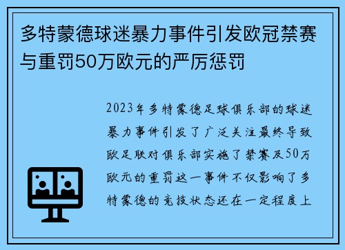 多特蒙德球迷暴力事件引发欧冠禁赛与重罚50万欧元的严厉惩罚