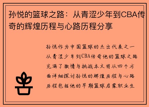 孙悦的篮球之路：从青涩少年到CBA传奇的辉煌历程与心路历程分享