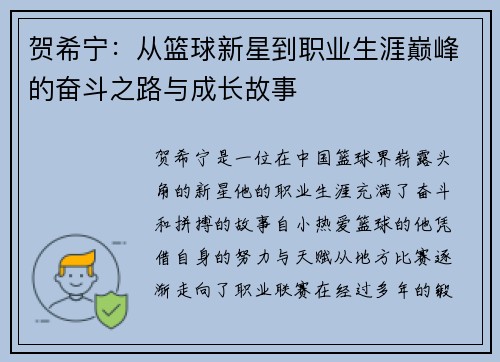 贺希宁：从篮球新星到职业生涯巅峰的奋斗之路与成长故事