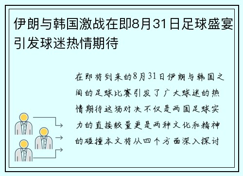 伊朗与韩国激战在即8月31日足球盛宴引发球迷热情期待