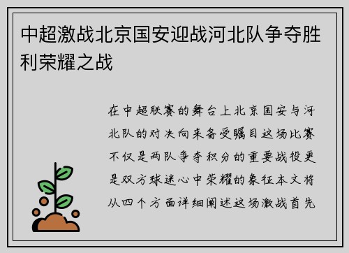 中超激战北京国安迎战河北队争夺胜利荣耀之战